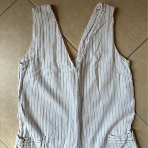 Cynthia Rowley White Linen Romper w/ Light Brown Stripes Coastal Resort Size M